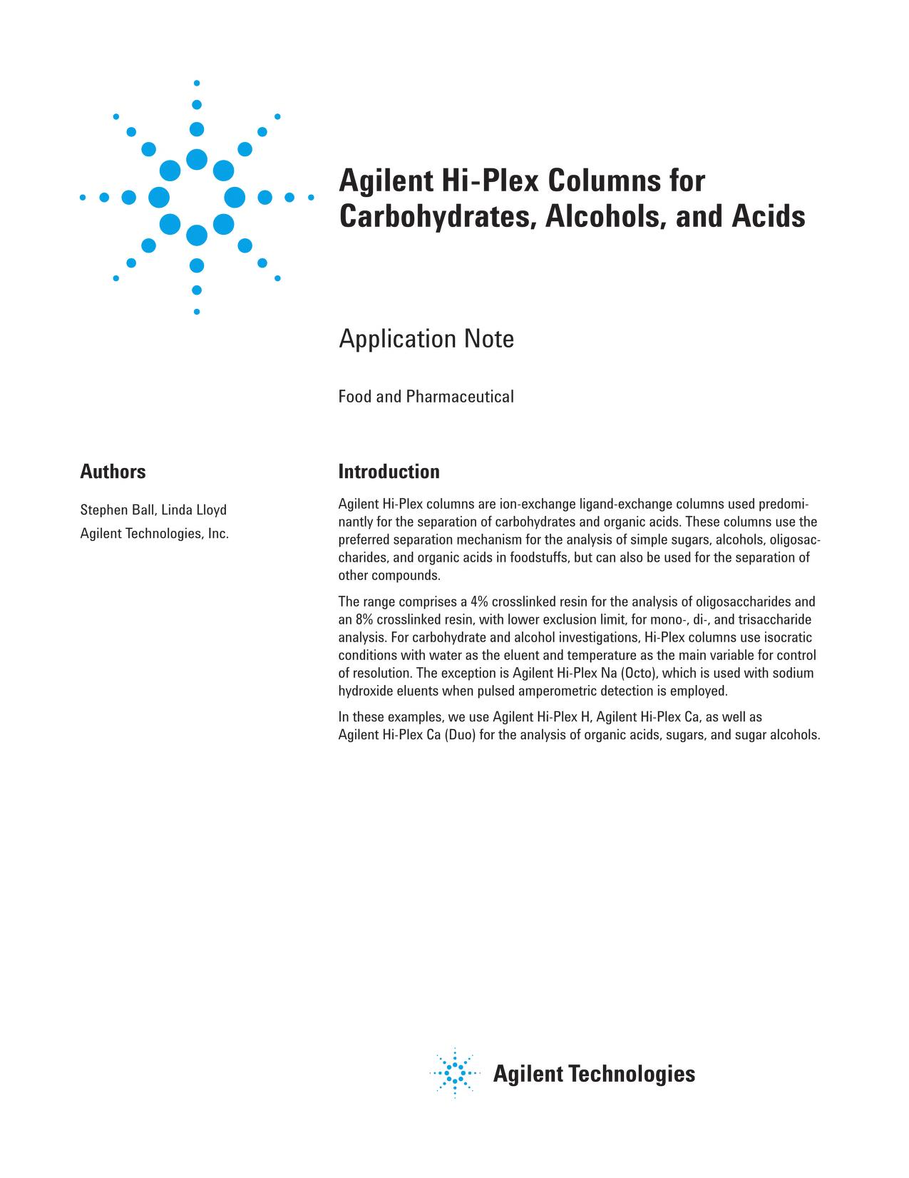 Agilent Hi-Plex Columns for Carbohydrates Alcohols Acids handbook 